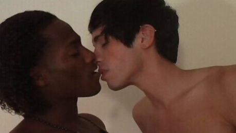 Ebony-skinned gay guy with a sexy body enjoying a hardcore interracial fuck