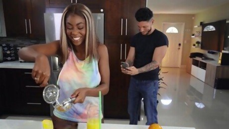 Ebony babe Tori Montana gets fucked hard by a white man in the kitchen