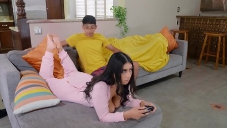 Busty chick plays her favorite game but her stepbrother thinks of something else
