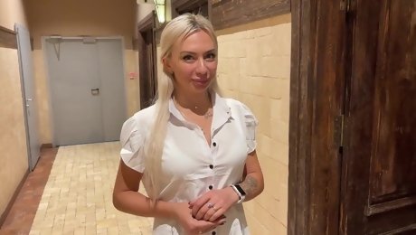 Hot and dangerous blowjob in the toilet of the shopping center from a Russian saleswoman.