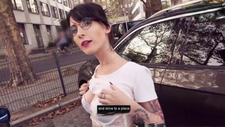 Skinny German Teen with glasses picked up for a real sex date in a car