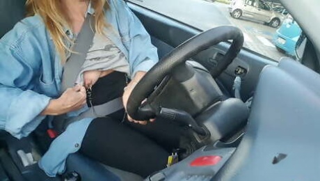 nippleringlover hot milf flashing small boobs with pierced tits and nipple chain while driving the car