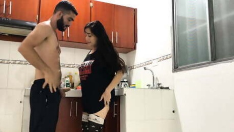 Fucking in the kitchen of my house while my stepfathers are lying down - Porn in Spanish