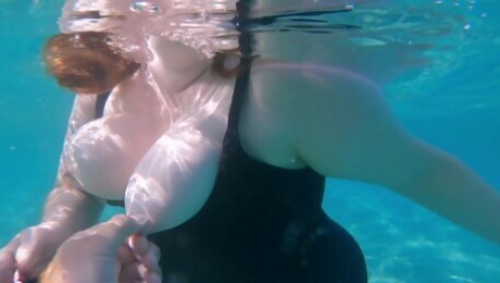 Underwater Footjob Sex and Nipple Squeezing POV at Public Beach - Big Natural Tits PAWG BBW Wife Beingy on Vacation