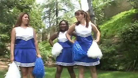 Plump brunette cheerleader rides thick cock outside